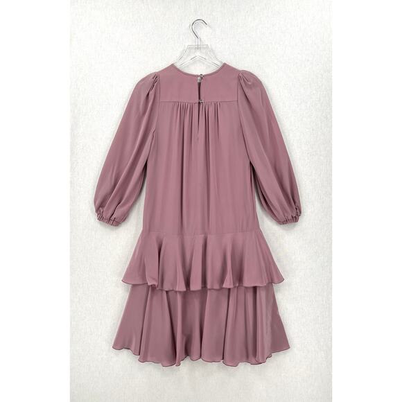 ANNA MASON Dress Womens US 4 Mauve Rose Silk Long Sleeve Dropped Waist Ruffle - Picture 3 of 16